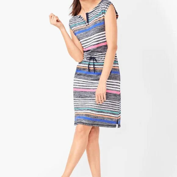 Talbots Women's Multi-Color Stripe Shift Drawstring Waist Comfy Dress ~ Small - Picture 3 of 10